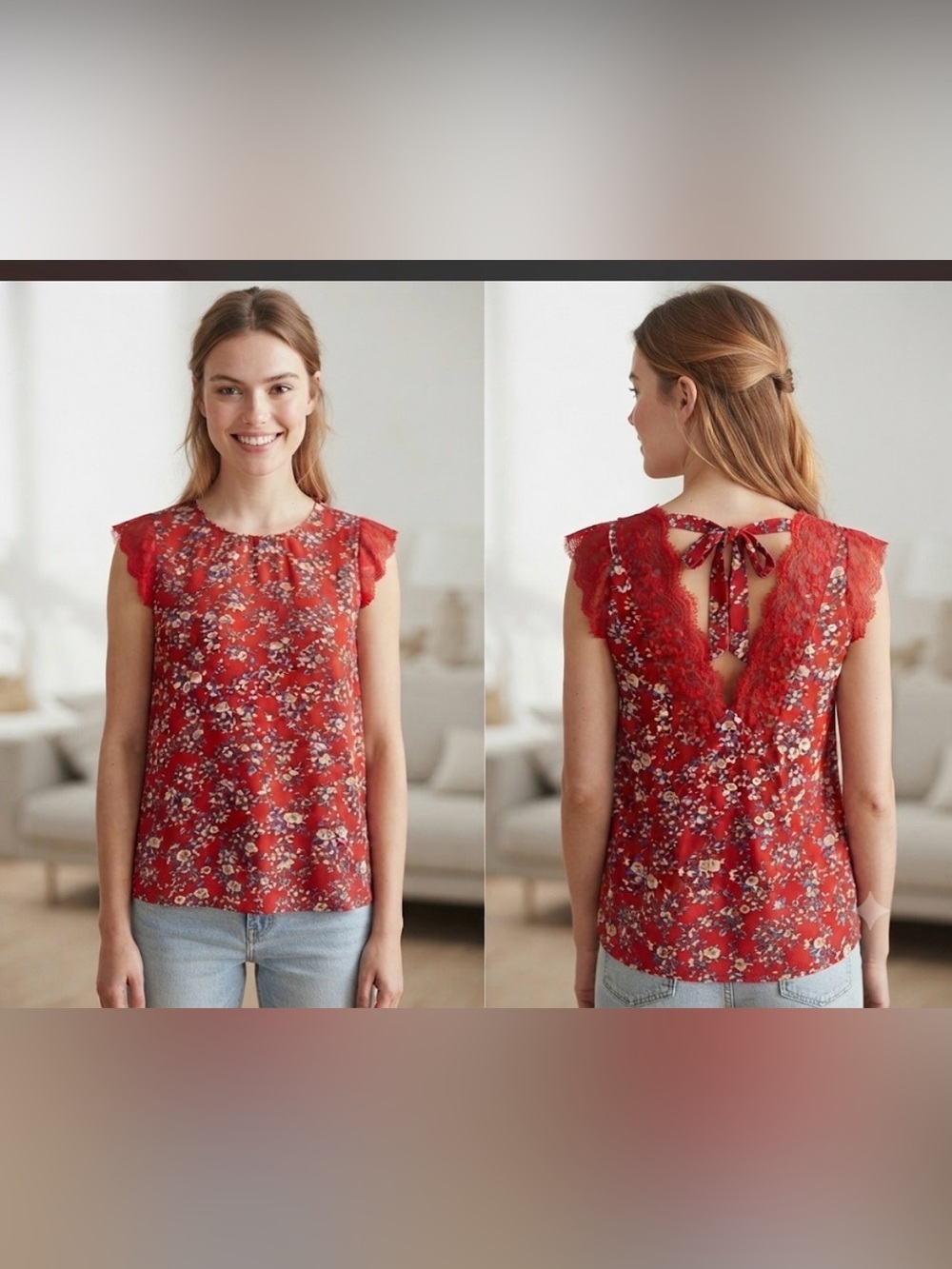 SHEIN Red Floral Lace-Back Sleeveless Blouse